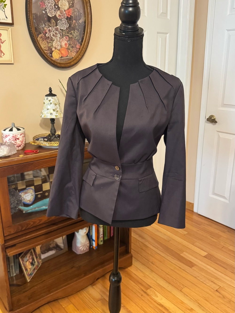 HUGO BOSS Silk Blend Tailored Pleated Shoulder Peplum Charcoal Blazer